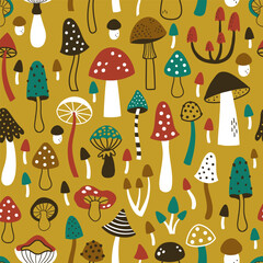 vector seamless pattern mushrooms on yellow bc - 585933740