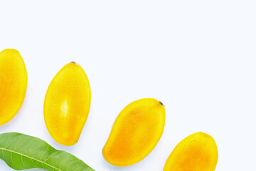 Tropical fruit, Mango with leaves on white background.