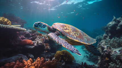 Fototapeta na wymiar A sea turtle swimming in a vibrant coral Generative AI