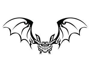 vector design of a symbol or tattoo shaped like a bat animal that is flying while spreading its two wings in black and white