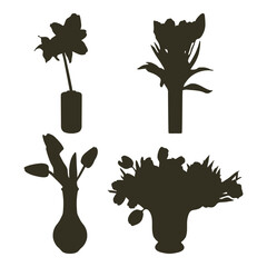 Vector silhouettes of flowers in a design vase. Tulip, amaryllis