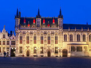Fototapeta na wymiar Bruges City hall at Burg square at night, Belgium