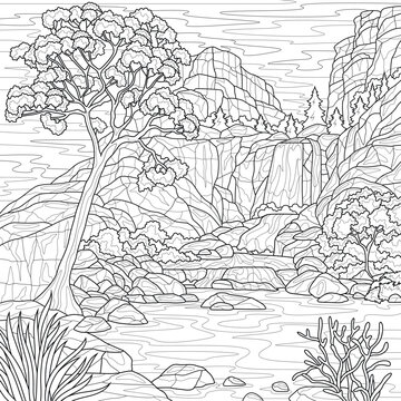 Landscape with mountains and a waterfall.Coloring book antistress for adults. Illustration isolated on white background.Zen-tangle style. Hand draw