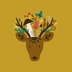 vector image of a deer head and mushrooms
