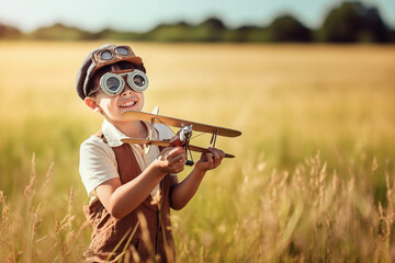 Little kid flying a homemade plane in a field at summer.