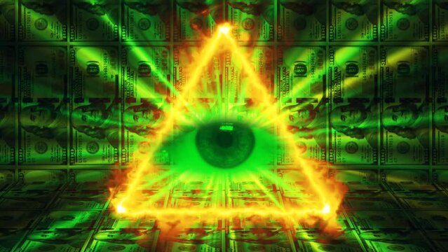 Big brother host of money, global financial corporation in disguise watching us greedy eye, total control conspiracy theory concept