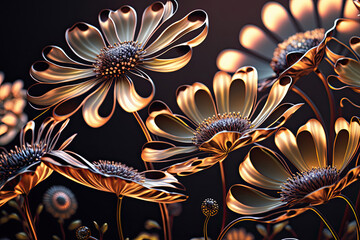 large flowers shimmer in black and gold on long thin stems created with Generative AI technology