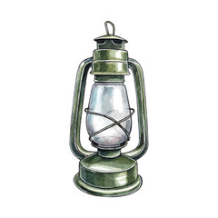 Kerosene lamp isolated on a white background. Old lantern on kerosene. Watercolor hand drawn illustration for clipart. Can be used for postcards, invitations, prints.