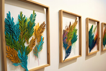 wooden picture frame hanging on the wall in it colorful large leaves in abstract design created with Generative AI technology