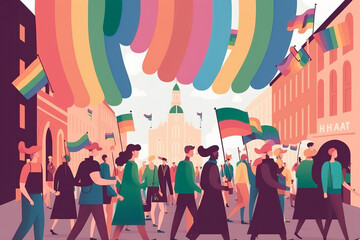 Colorful and energetic LGBT parade marching through the city streets, spreading love, acceptance, and unity while waving their vibrant rainbow flags high. Flat vector illustration. Generative AI. - obrazy, fototapety, plakaty