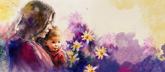 Obraz na płótnie Canvas Happy mother`s day. Watercolor Painting illustration, generative ai.