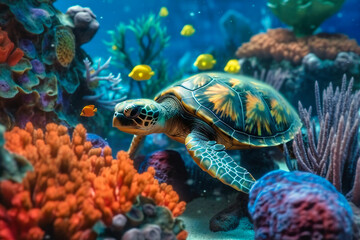 Fototapeta na wymiar A vibrant coral reef bustling with colorful fish and sea turtles lazily swimming
