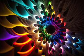 illustration of bright colors arranged in a circle in peacock tail look created with Generative AI technology