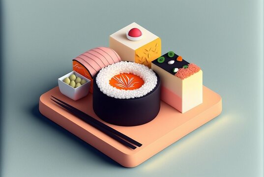 3d sushi rolls with chopsticks. AI generated