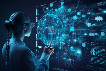 Rear view of businessman looking at virtual panel with graphs and diagrams generative ai