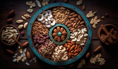 a plate of nuts and nutshells on a table.  generative ai