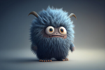 Fototapeta premium Funny cartoon monster with blue hair and big eyes. 3d rendering generative ai