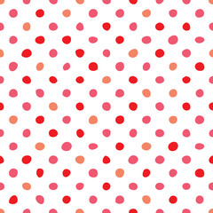 Tile vector pattern with hand drawn red and pink polka dots on white background