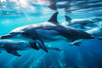 Obraz premium A school of playful dolphins racing through the waves under a cloudless sky