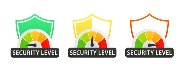 Security level. Loading scale. Company brand, gaming levels, corporate license, training criteria, with shield label design on a white isolated background. Vector illustration