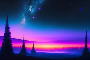 Graphic representation of A Surreal Dark Landscape with a Glowing Blue Planet. Generative AI. 