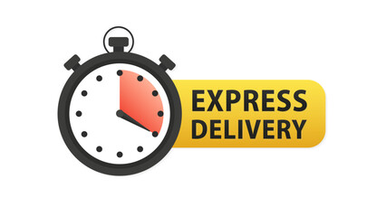 Express delivery icon. Super advertising label with alarm clock and word. Sticker, label express delivery. Inscription timer and express delivery. Vector illustration