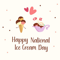 Ice cream lovers couple. Vector Illustration for Happy national ice cream day on hearts background. No Diet Day , Eat What You Want Day llustration.