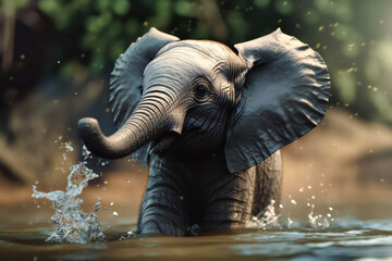 A curious baby elephant playfully splashing in a shallow river