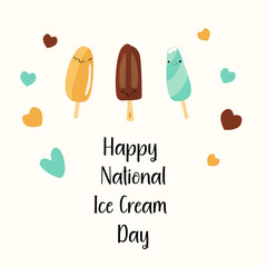 Bright summer poster with sweets. A collection of cute elements for a summer party.Vector Illustration for Happy national ice cream day on hearts background. No Diet Day , Eat What You Want Day