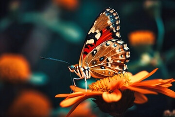 A colorful butterfly perched on a blooming flower in a lush garden