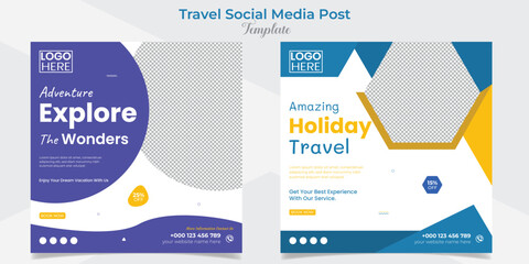 Obraz na płótnie Canvas Holiday travel and tourism square flyer post banner and social media post template design set