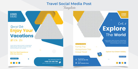 Fototapeta premium Travel and tourism social media post and square flyer post banner template design set