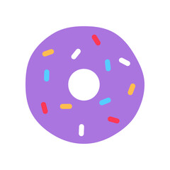 Flat purple glazed donut decorated with colorful sprinkles. Tasty baked unhealthy frosting dessert isolated on white background. Doughnut top view logo Delicious junk food creative vector illustration