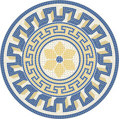 Classic mosaic circular ornament in blue and yellow colors. For ceramics, tiles, ornaments, backgrounds and other projects.	