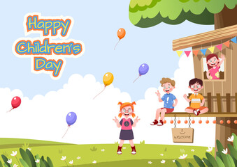 Children and friends playing happy activities on playground, tree house. Space for text, templates, posters, banners. Vector illustration.