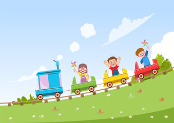 Children and friends happily ride on the train.with landscape background.templates, posters, banners, vector illustration.