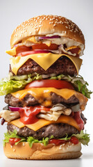Giant Cheeseburger mit Käse, Tomate, Salat und rote Zwiebel auf hellem Hintergrund im Hochformat 9:16. Generative Ai.