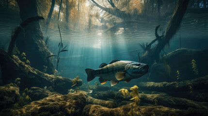 Largemouth bass swims underwater forest created with Generative AI Technology, ai, generative - obrazy, fototapety, plakaty