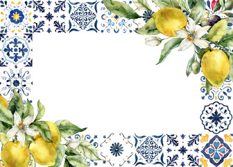 Watercolor tropical frame of ripe lemons, olives, flowers and tiles. Hand painted yellow fruits and mosaic isolated on white background. Tasty food illustration for design, print, fabric, background. - 585940322