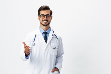 Man smiling with teeth doctor in white coat and eyeglasses and stethoscope looking into camera on white isolated background, space for copy, space for text, health