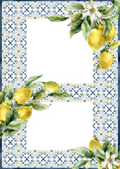 Watercolor tropical frame of ripe lemons, tiles and flowers. Hand painted fresh yellow fruits and mosaic isolated on white background. Tasty food illustration for design, print, fabric or background. - 585940542
