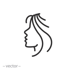 woman face icon, head profile with flying hair,  icon, thin line symbol on white background - editable stroke vector illustration eps10