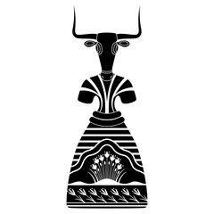 Figurine of Cretan Minoan woman or goddess with cow or bull head. Mythological concept. Black and white silhouette.