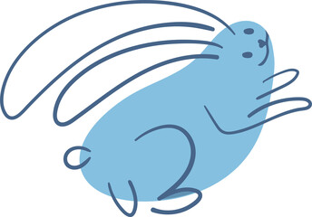 Line art simple happy bunny from line and spot in blue pastel and blue color.