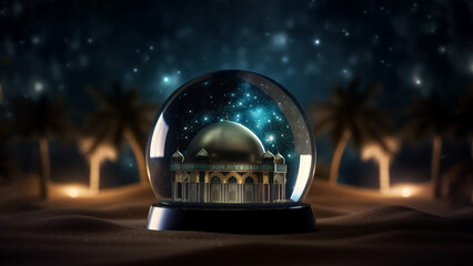 ramadan. A glass ball with a miniature of mosque inside over the desert in starry night