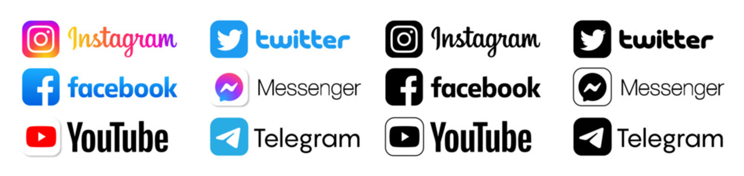 Popular social media icon set of facebook, telegram, youtube, mesenger, twitter and instagram with rounded corners. Social media icons modern design on transparent background for your design.