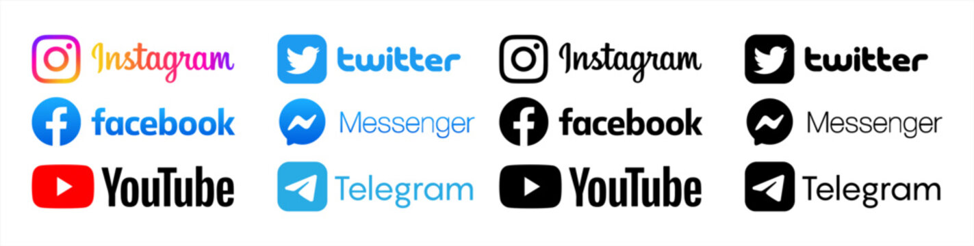Icon set of facebook, telegram, youtube, mesenger, twitter and instagram with rounded corners. Social media icons modern design on transparent background for your design.