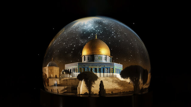 al aqsa in a glass ball inside over the Rock along the Skyline of Jerusalem