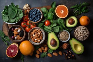 Ingredients of healthy diet top view. Generative AI