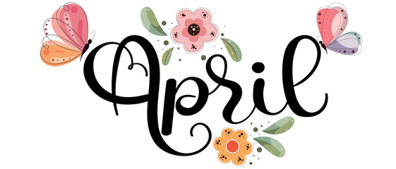 Hello April with flowers, butterfly and leaves. Illustration April Month of the year